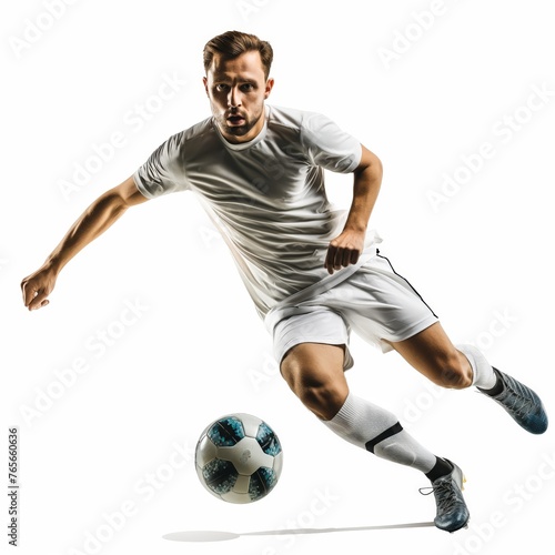 Athletic male soccer player dribbling on white background. © cherezoff