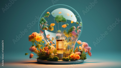 Light bulbs and nature  trees and the environment  creative ideas Energy saving and clean environment Abstract pastel colors