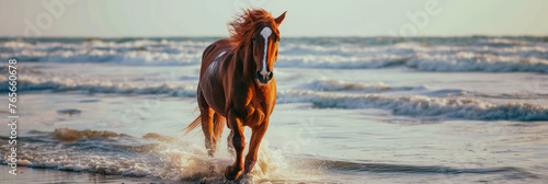 brown horse running at the beach