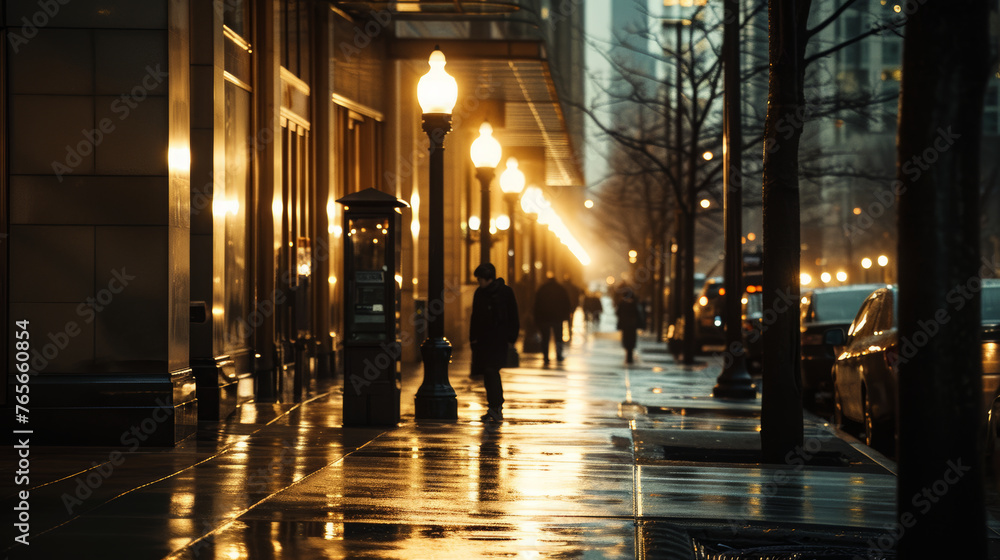 A city street with people calmly walking, framed by minimalist architecture and soft urban lighting  under the subtle glow of street lamps to capture the essence of urban elegance. 