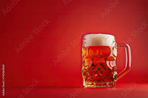 beer glass with foam on red background