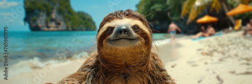 portrait of funny sloth at the beach