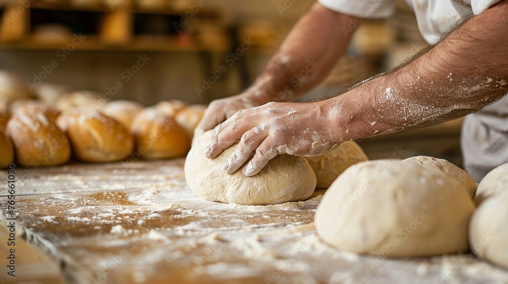 A close up of a bakers hands shaping dough on a floured work surface with rows of ready to bake loaves in the background A close up of a bakers hands shaping dough on a floured work surface with rows of ready to bake loaves in the background
