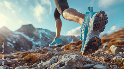 A dynamic shot of a womans running shoes mid stride on a rocky mountain trail her backpack bouncing capturing the essence of trail running photo