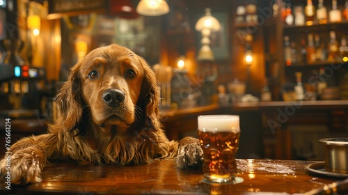 A dog in a bar clumsily holding a pint of beer photo