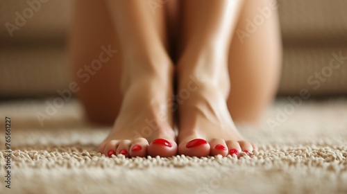 Close-up of a woman's crossed legs with red toenails on a beige carpet. photo