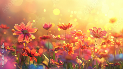 Sun kissed wildflowers in a field close up with petals glowing brightly against a cheerful vividly colored backdrop