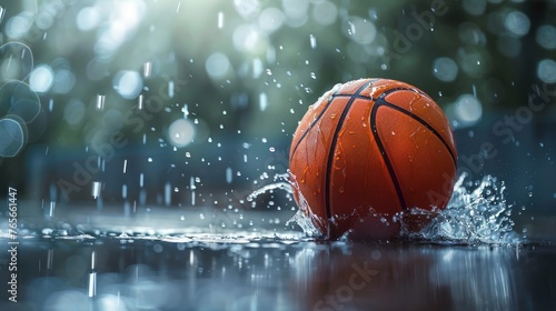 Basketball falling into water during storm, Basketball falling into puddle. © VISUAL BACKGROUND