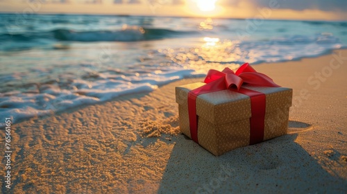 White Gift Box With Red Ribbon on Beach