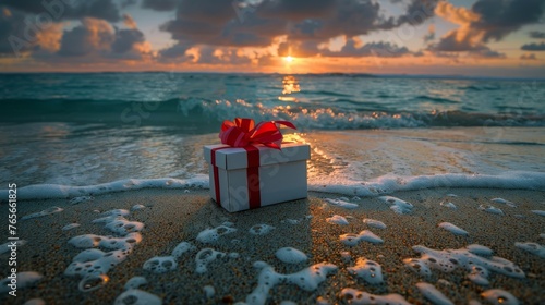 White Gift Box With Red Ribbon on Beach