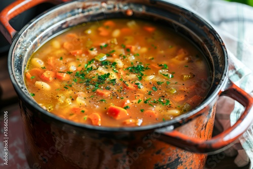 Hearty Homemade Vegetable Soup in Rustic Pot with Fresh Parsley, Healthy Comfort Food Concept, Vibrant Colors photo