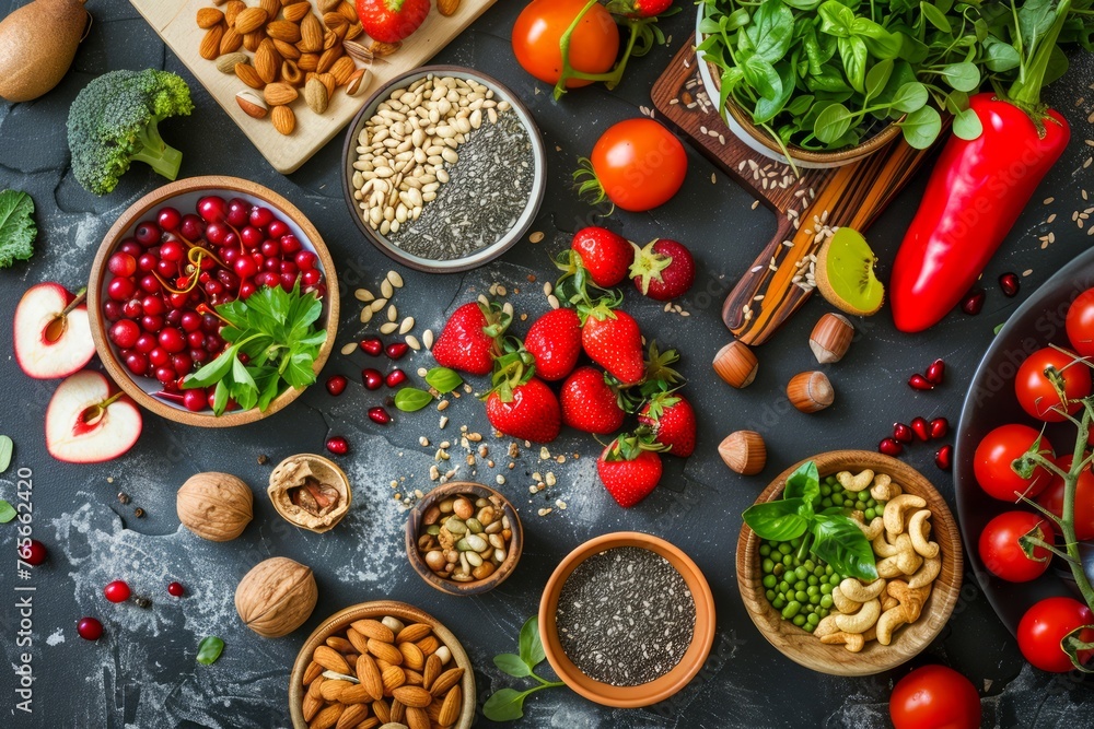 Top View of a Colorful Variety of Fresh Organic Vegetables, Legumes, and Seeds on a Dark Background for Healthy Eating Concept Top View of a Colorful Variety of Fresh Organic Vegetables, Legumes, and Seeds on a Dark Background for Healthy Eating Concept