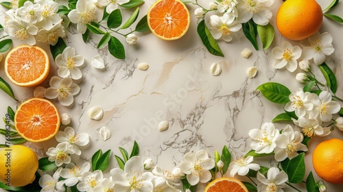 Group of Oranges With Flowers and Leaves