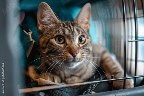 cat traveling in a pet carrier box. ai generated © Andrei