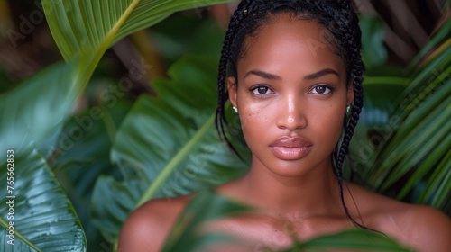 Woman With Wet Hair Standing by Palm Tree