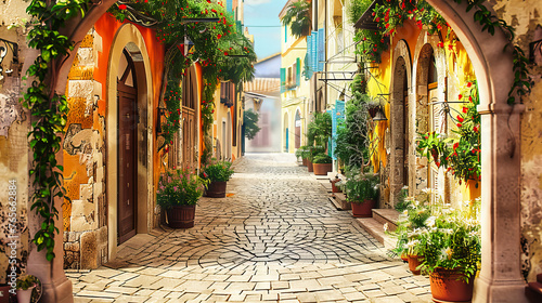 Picturesque European Village Street, Old Town Architecture, Mediterranean Travel and Tourism Scene