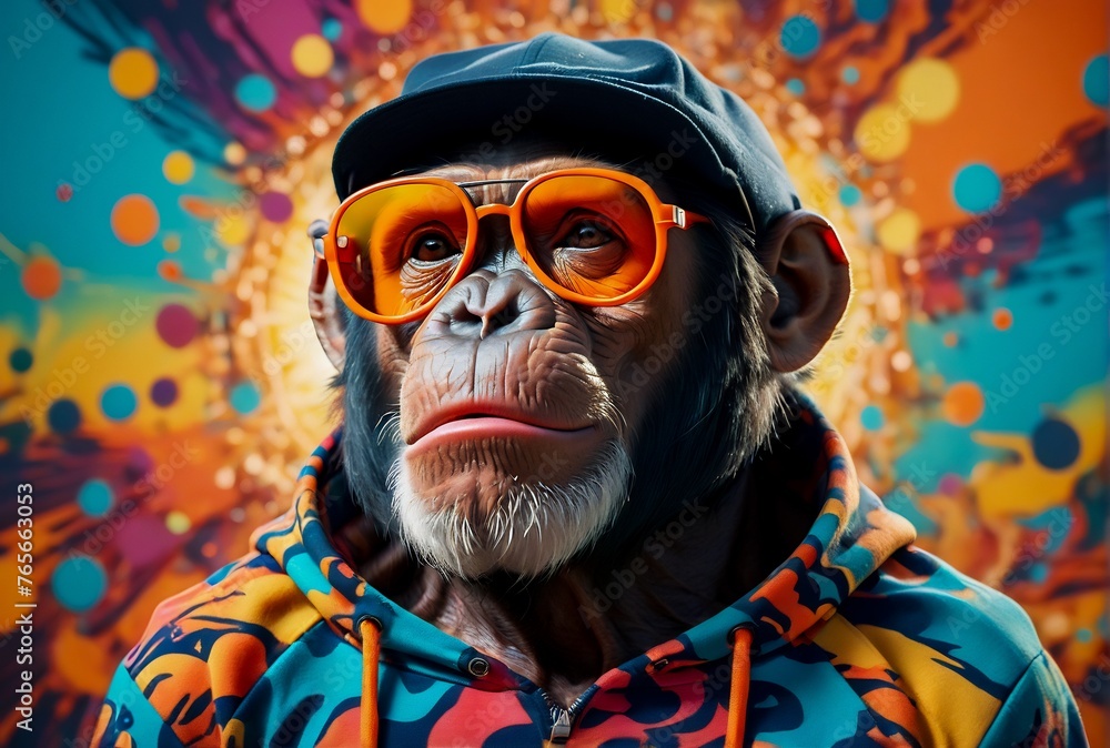 portrait of a chimp , chimpanzee in sunglasses, funny monkey with glasses, monkey wearing a sweatshirt
portrait of a chimp , chimpanzee in sunglasses, funny monkey with glasses, monkey wearing a sweatshirt