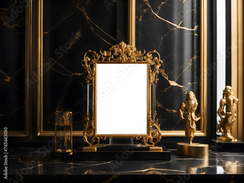 Golden luxury transparent empty photo frame on the black marble wall, Royal interior luxury decor frame mock up for photo, picture, art
