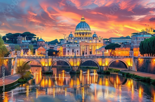 The iconic St Peter's Basilica and the Spanish Bridge at sunset, Rome Italy with illuminated buildings