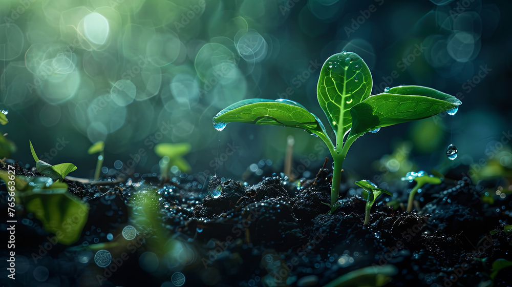 A green spring plant sprout emerges from the soil, thriving under the nurturing warmth of the sun's rays A green spring plant sprout emerges from the soil, thriving under the nurturing warmth of the sun's rays