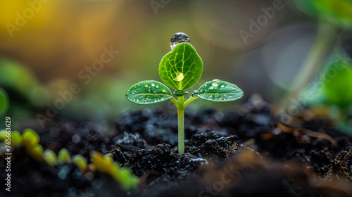 A green spring plant sprout emerges from the soil, thriving and growing vigorously under the nurturing warmth of the sun's rays