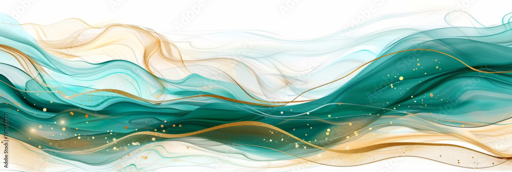 A flowing wave ink in teal and gold colors on a white background,Green marble with gold veins. Natural pattern. luxury wallpaper.swirls green gold painted lines abstract background texture, banner A flowing wave ink in teal and gold colors on a white background,Green marble with gold veins. Natural pattern. luxury wallpaper.swirls green gold painted lines abstract background texture, banner