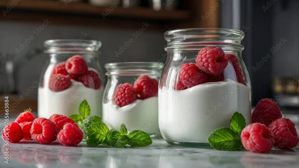 jar of yogurt with raspberries and mint in the kitchen jar of yogurt with raspberries and mint in the kitchen
