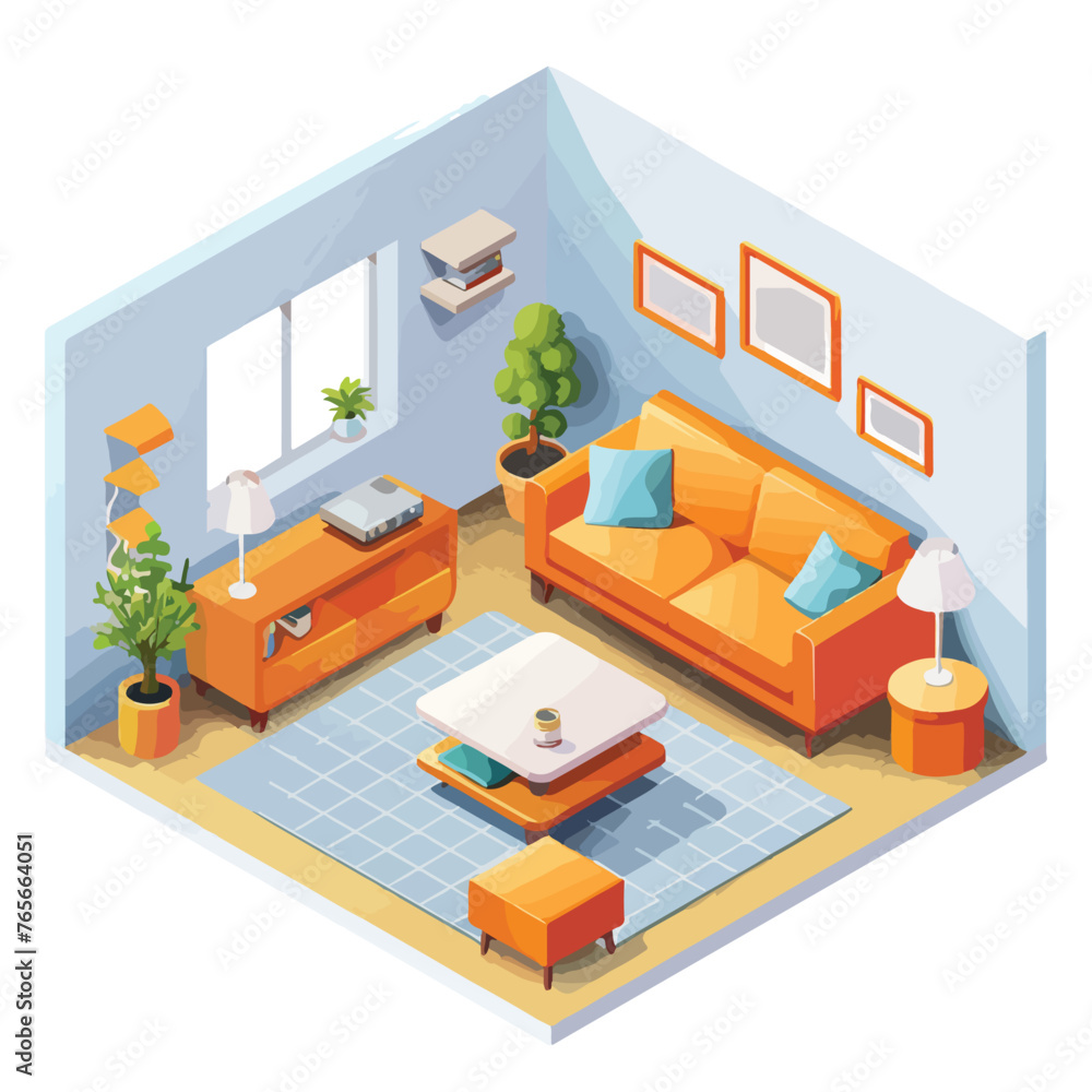 Isometric living room cutaway icon. Illustration wi