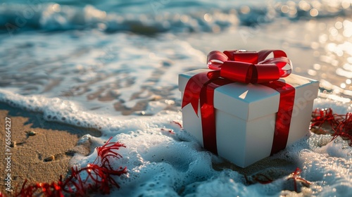 White Gift Box With Red Ribbon on Beach