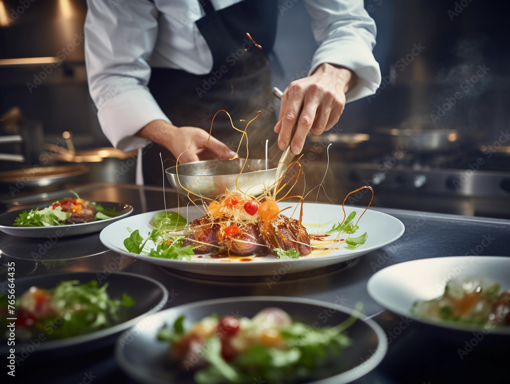 gourmet dish being prepared in a high-end restaurant kitchen 