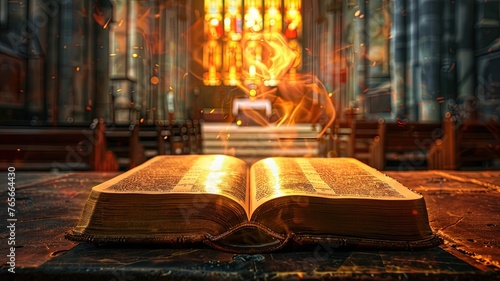 Bible in church with divine lighting, spiritual glow, stained glass window, enhancing spiritual ambiance.