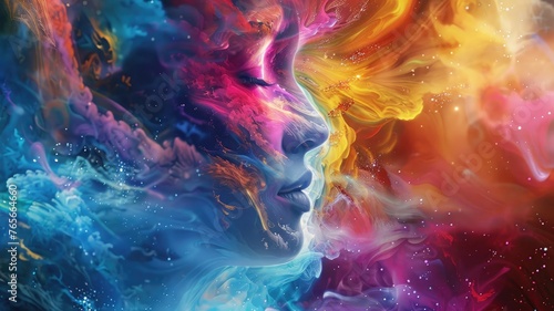 Abstract girl's face reflects inner turmoil and peace, vibrant hallucinations, colorful psyche.