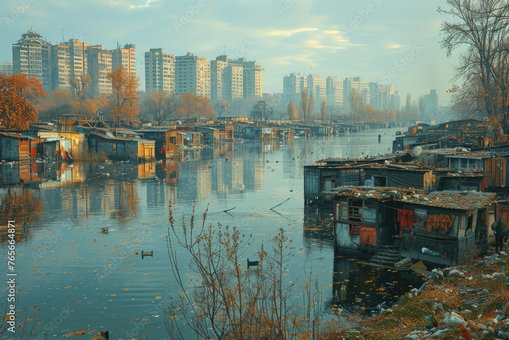 Naklejka premium slum areas and poverty behind highrise buildings in the city professional photography