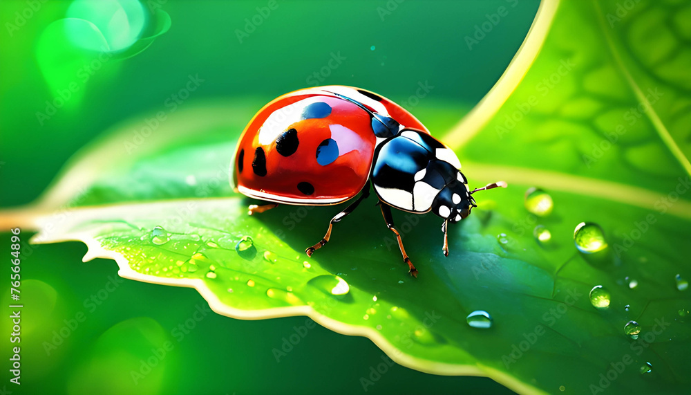 Fototapeta premium Ladybug resting on bright green leaves in the garden Showcasing the intricate beauty of nature up close, background images
