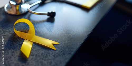 Yellow Cancer support ribbon on Drs office dark table with stethoscope for medical healthcare appointment banner concept to support sarcoma bladder liver health suicide prevention counseling therapy
 photo