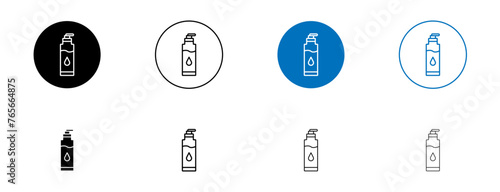Face cleanser line icon set. Woman skincare cleansing bottle symbol in black and blue color.