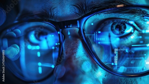 Close-up of eyes and glasses with tech reflection, data protection and cyber security concept.