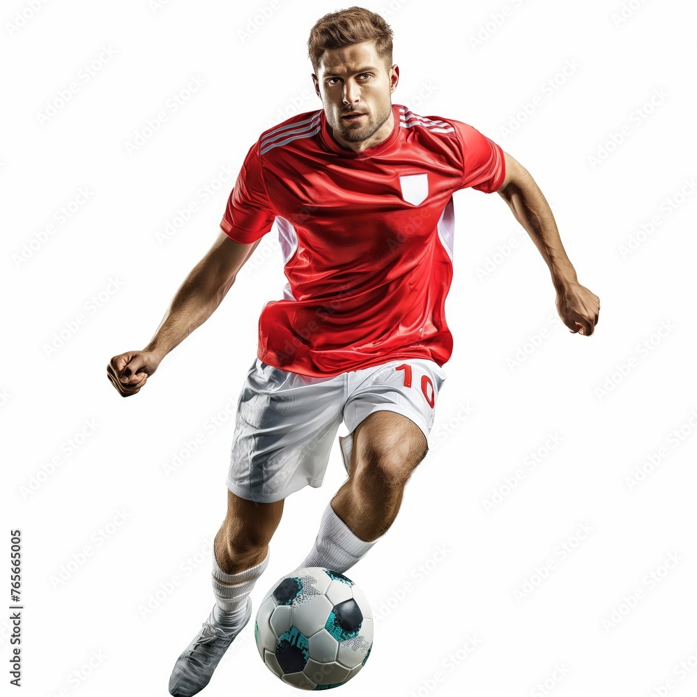 Intense male soccer player dribbling with focus and determination.