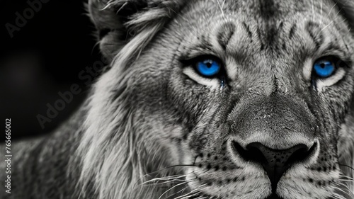 Majestic Lion in Monochrome  A Gaze of Blue GENERATIVE AI Brilliance