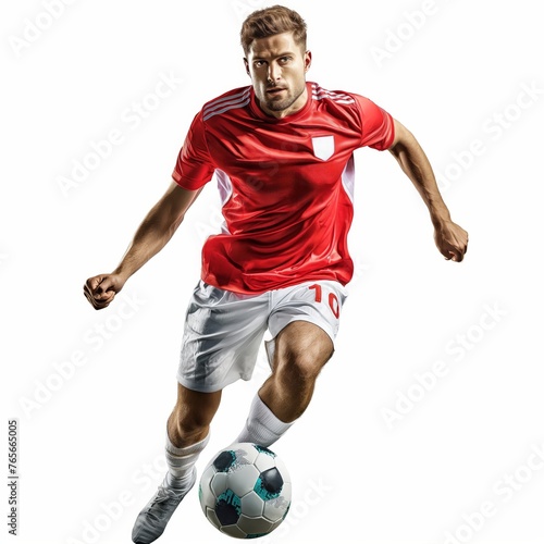 Intense male soccer player dribbling with focus and determination. © cherezoff