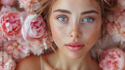Woman With Blue Eyes Surrounded by Pink Flowers