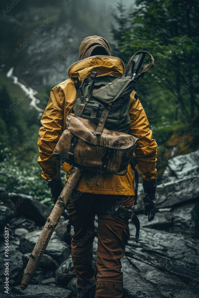 Wearing hiking gear, carrying a backpack and a machete