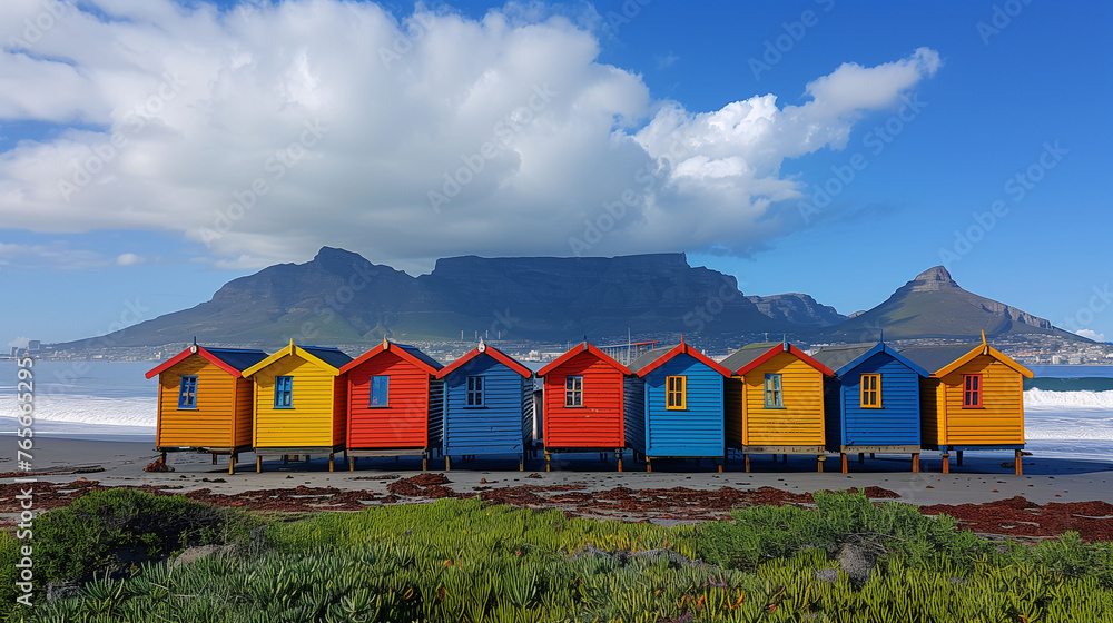 Colorful beach huts with mountain backdrop under blue sky. Colorful beach huts with mountain backdrop under blue sky.