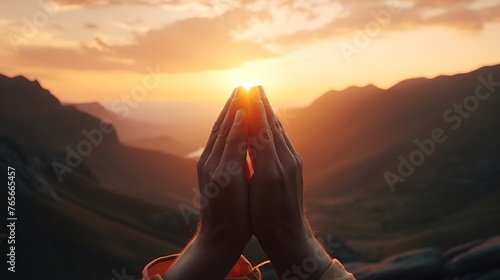 portrait of human hand opening palm to pray to god for all wishes to come true photo