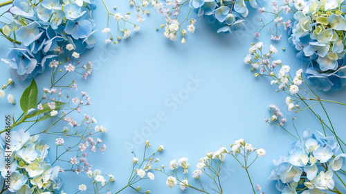 Flat Lay of Blue and White Flowers on Sky Blue Background