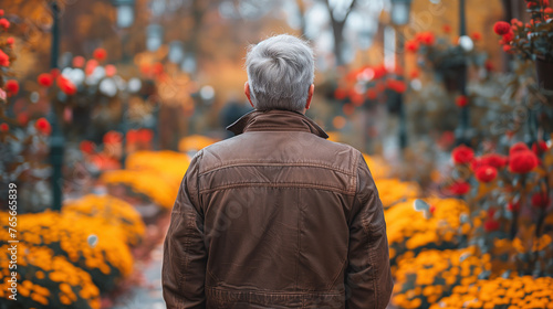 Man in brown jacket standing amidst vibrant autumn foliage, contemplating nature.