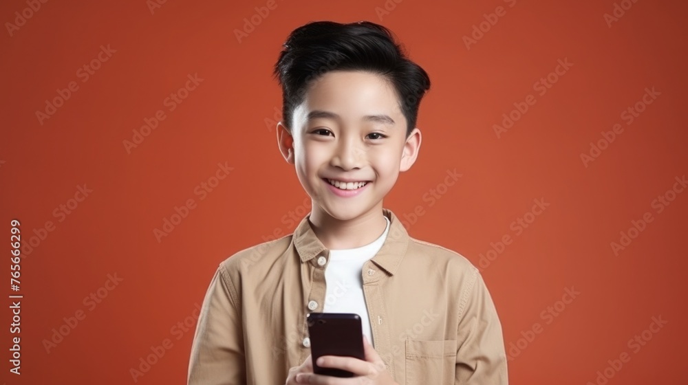 Asian high school teenage boy student with a gadget in his hands. smartphone or tablet for online learning Asian high school teenage boy student with a gadget in his hands. smartphone or tablet for online learning