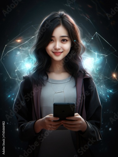 Asian high school teenage girl student with a gadget in his hands. smartphone or tablet for online learning