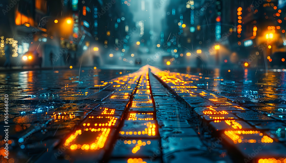 Rainy Night in the City, Street Illuminated with Car Lights and Reflections, Urban Transportation and Nightlife - obrazy, fototapety, plakaty 