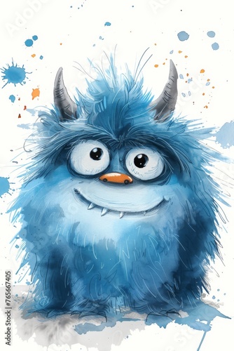 cute blue fluffy monster in a thick line hand-drawn style  ai generated
